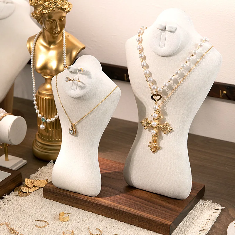 Walnut Base Linen Neck Mannequin Jewelry Display Bust Necklace Chain Pendant Showcase Stand For Shop Shooting Display