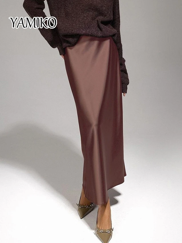 

YAMIKO 2024 New Spring And Summer Women's Skirt Fashion Retro Brown Commuting Office Lady Skirt Casual Satin Long Skirt