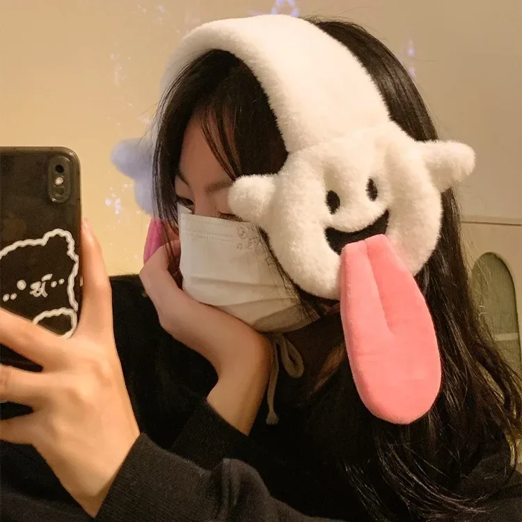 New Personality Cartoon Funny Tongue Plush Earmuffs Autumn Winter Warmth Ear Protection with Rope Girls Cute Birthday Gifts