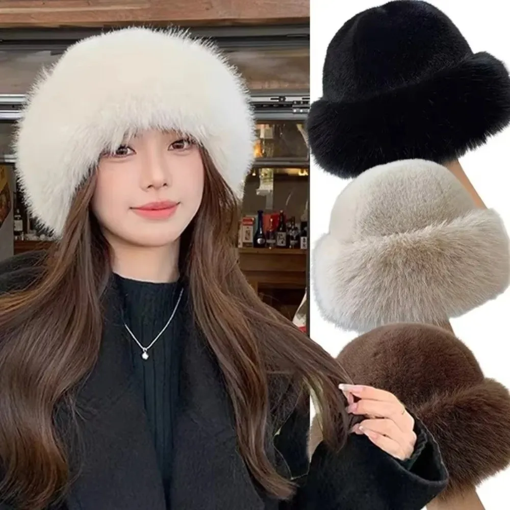 Fashion Headwear Fluffy Fur Winter Hat Solid Color Bucket Hat Cold Windproof Thicken Panama Cap for Women Girls