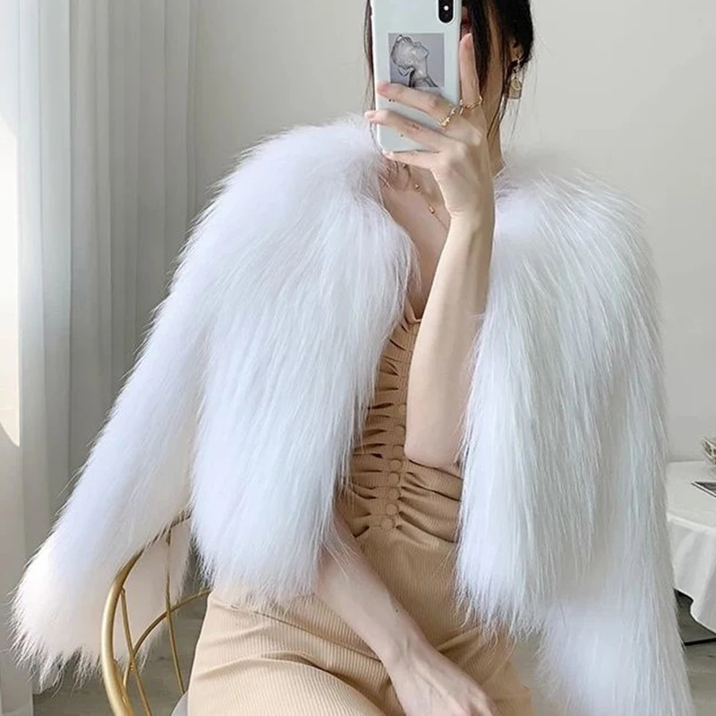 

2023 зимние теплые меховые куртки, Женская плюшевая куртка с круглым вырезом и открытым стежком, повседневное короткое утепленное пальто для женщин