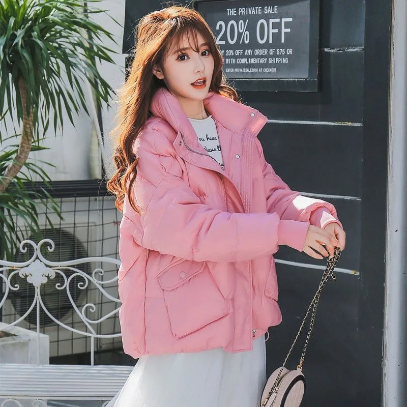 2023 New Women Down Jacket Winter Coat Female Short Stand Collar Parka Warm Thicken Pure Color Outwear Loose Big Pocket Overcoat