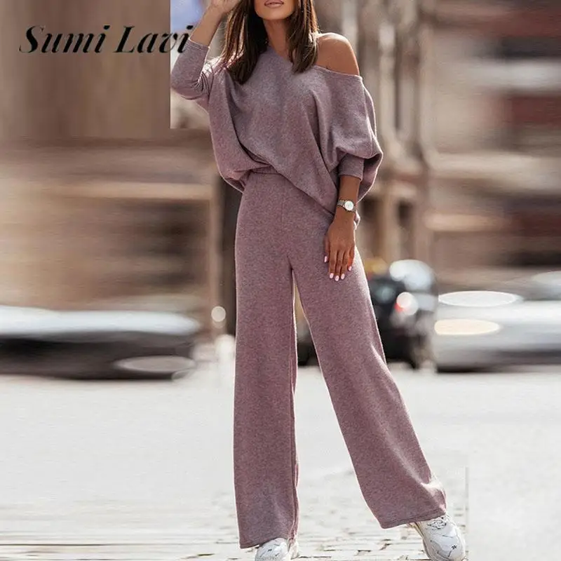 

Fashion Slant Neck Long Sleeve Top with Pants Suit Lady Solid Color Loose Sportswear 2pcs Suit High Quality Women's Knitted Suit