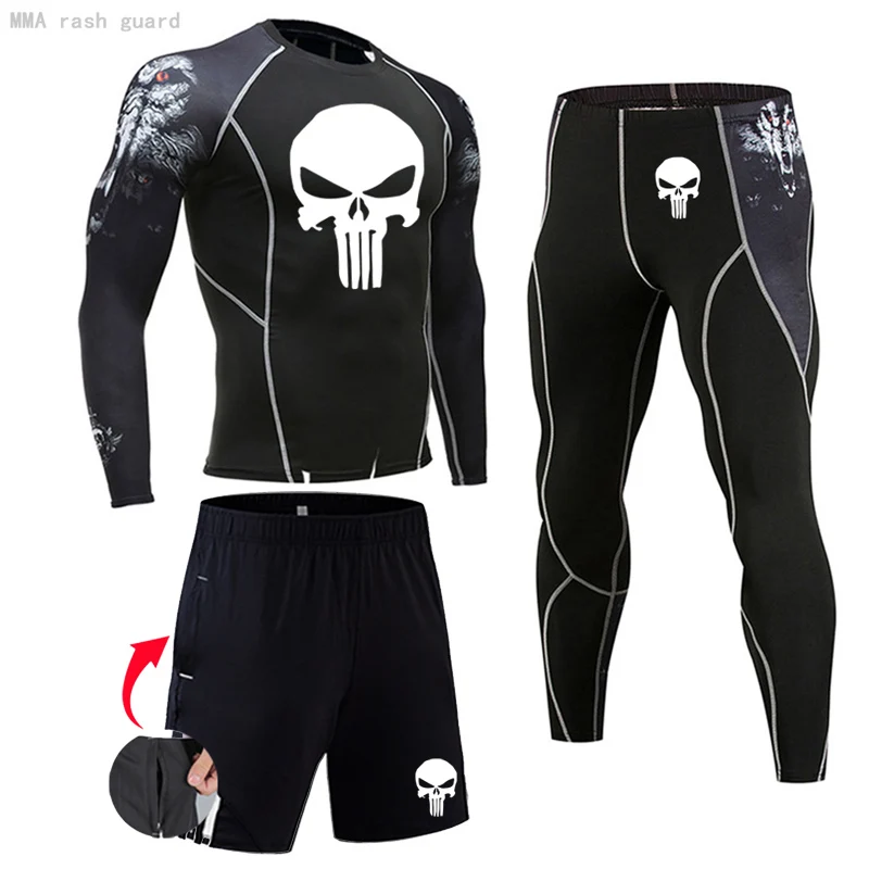 New 3D Skull Thermal underwear For Men Winter Clothes Compression underwear heat long johns Fitness tight 3 piece  Jogging suit