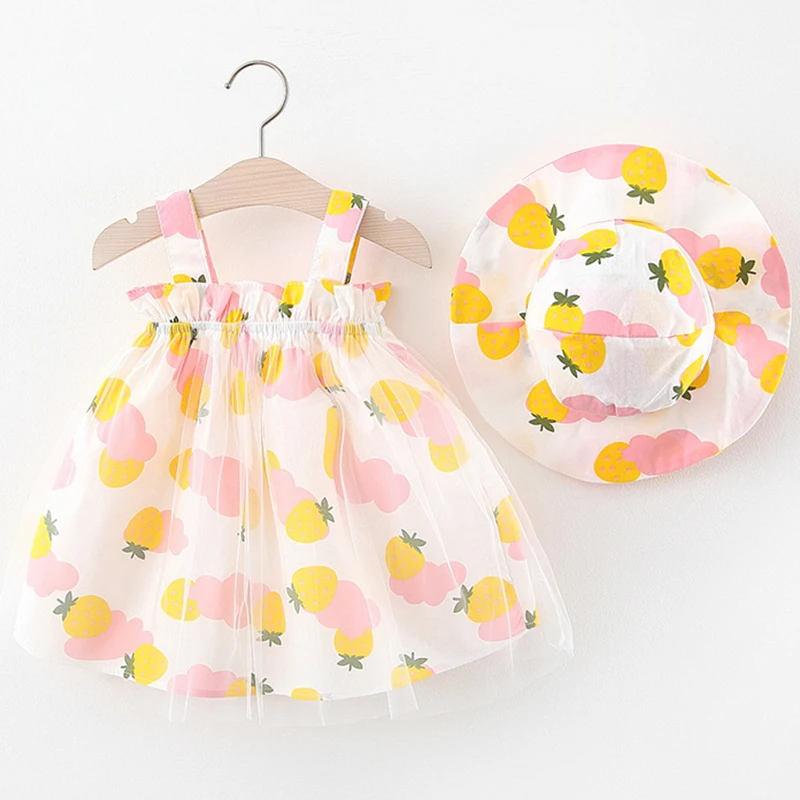 

2Piece Summer Newborn Clothes Baby Girl Princess Dress Set Korean Cute Sleeveless Lace Cotton Beach Toddler Dresses+Sunhat BC504