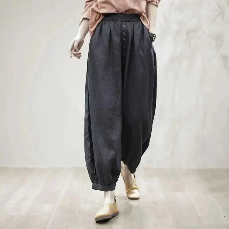 2024 New Summer Korean Fashion Retro Art Loose and Slim Leisure High Waist Linen Wide Leg Nine Split Radish Pants for Women