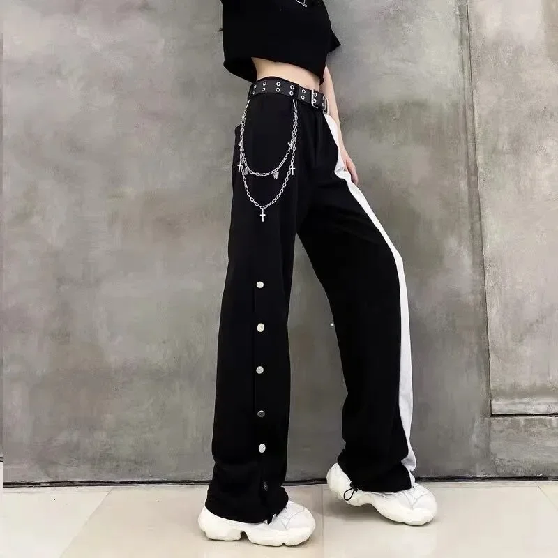 Women Elastic Waist Wide Leg Korean High Street Pants 2024 New Fashion Contrast Cargo Pants Female Plus Size Trousers Popular