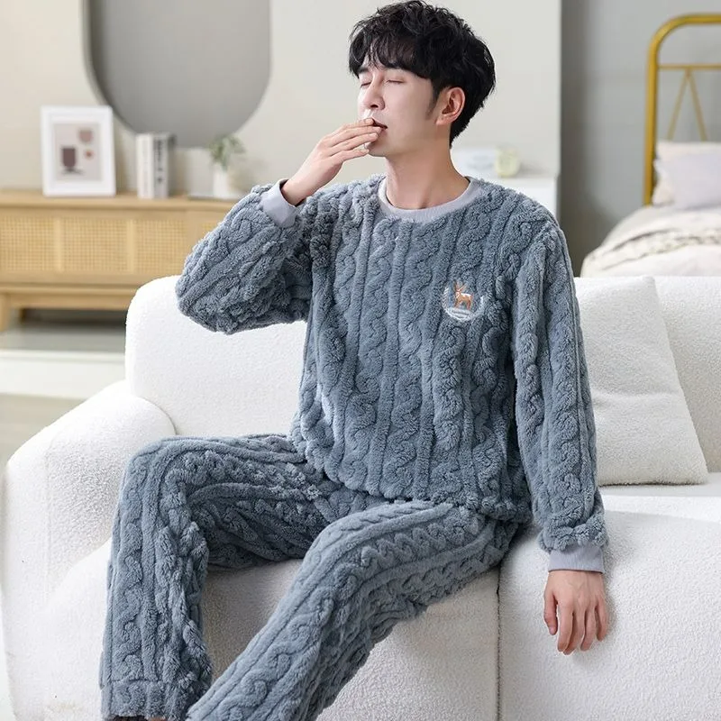 Flannel Pajamas Men Autumn Winter Pullover Warm Fleece-Lined Thickened Sleepwear Sets Coral Fleece Large Size Male Homewear Suit