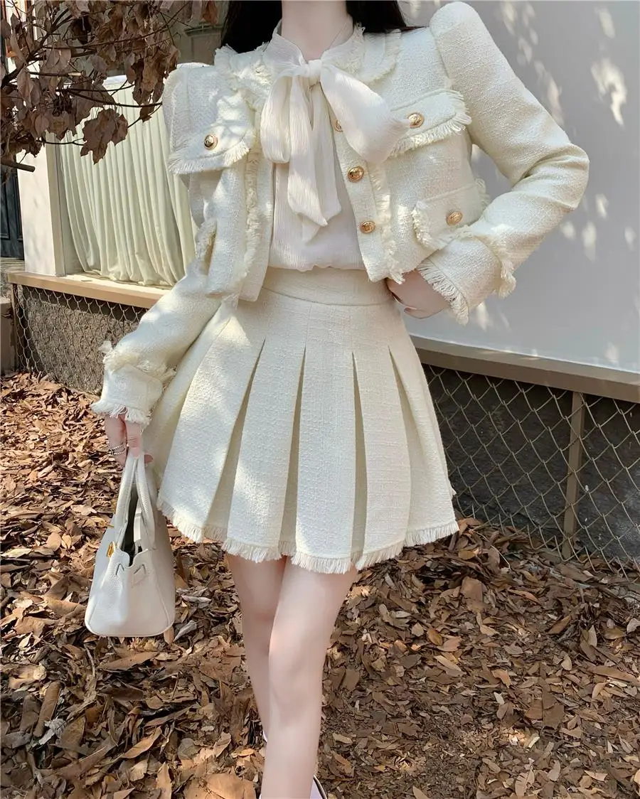 Autumn New French Vintage Tweed Two-Piece Skirt Set Women Short Jacket Coat + Pleated Mini Skirt Suits Korean Luxury Outfits