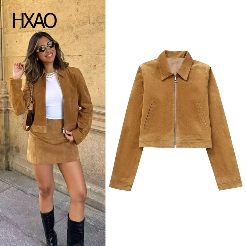 

HXAO Woman Suede Jacket Cropped Jackets Autumn Long Sleeve Outerwear Spring Demi-Season Bomber Jacket Short Coats For Women