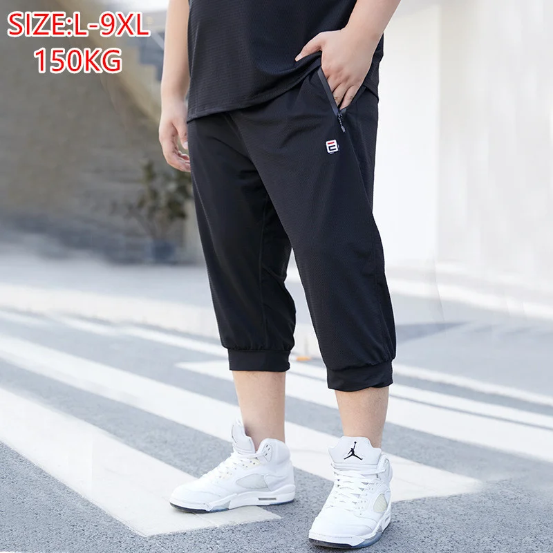 

Summer Men 8XL 9XL Cropped Capri Sweatpants Sweat Shorts Black Sport Loose Ice Silk Mesh Plus Size 6XL Casual Joggers Trousers