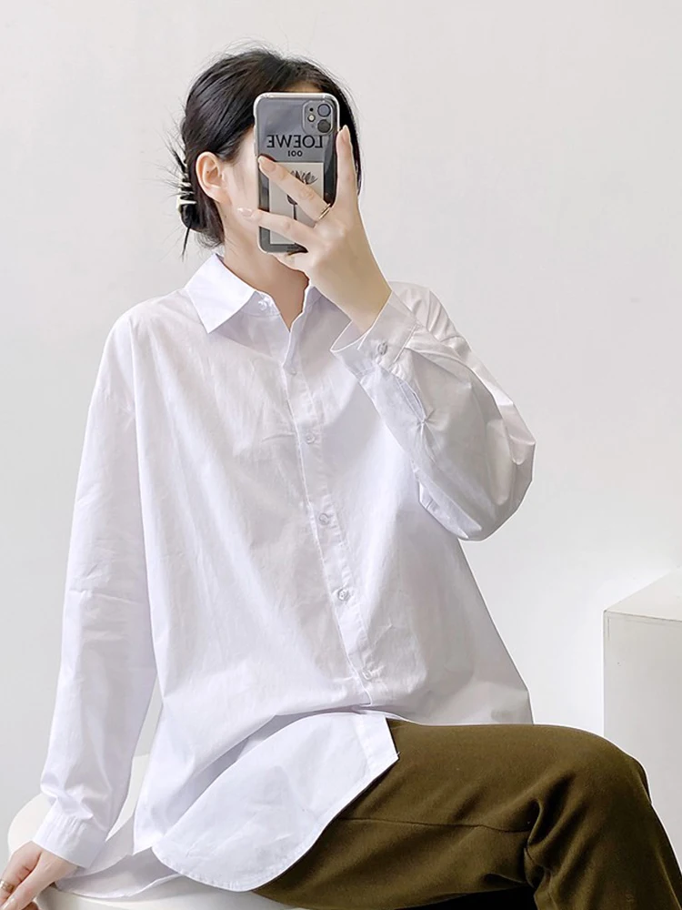 루즈핏 임산부 셔츠 긴팔 봄 가을 화이트 코튼 블렌드 180파운드 플러스 사이즈 임산부 상의 다용도 스타일 퓨어 컬러