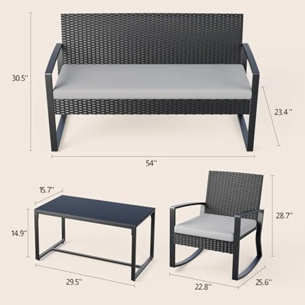 4 Piece Outdoor Patio Furniture Set, Wicker Patio Furniture with Glass Coffee Table, Rocking Wicker Bistro Set, for Backyard 2