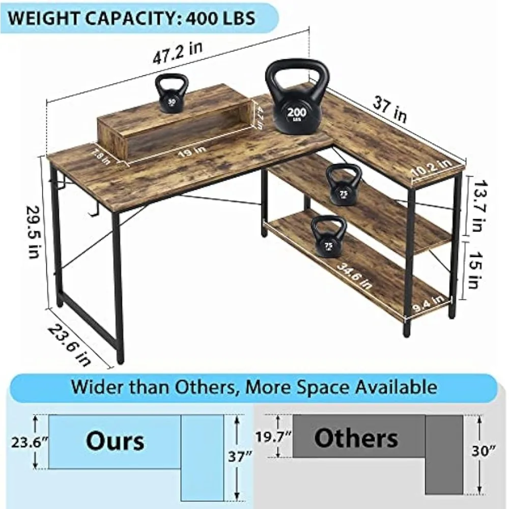 47 inch Small L-Shaped Computer Desk with Storage Shelves Natural Oak