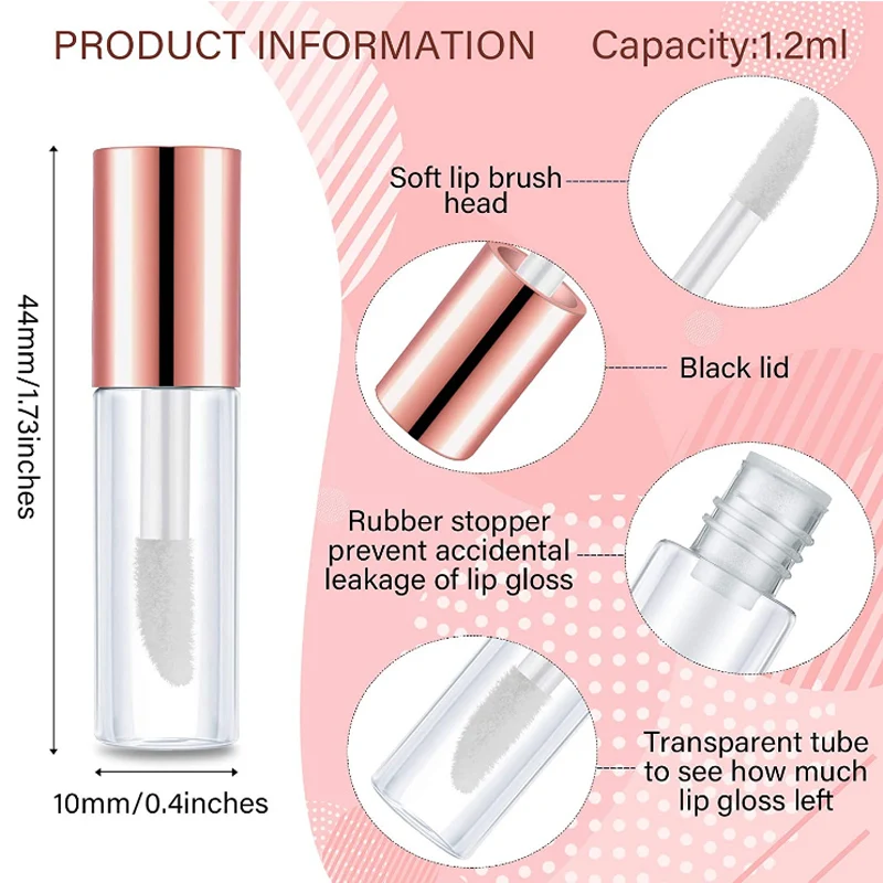1.2ML Empty Rose Golden Lip Gloss Tube Plastic Refillable Bottles Liquid Lipstick Container Lipgloss Sample Bottle 50~10pcs