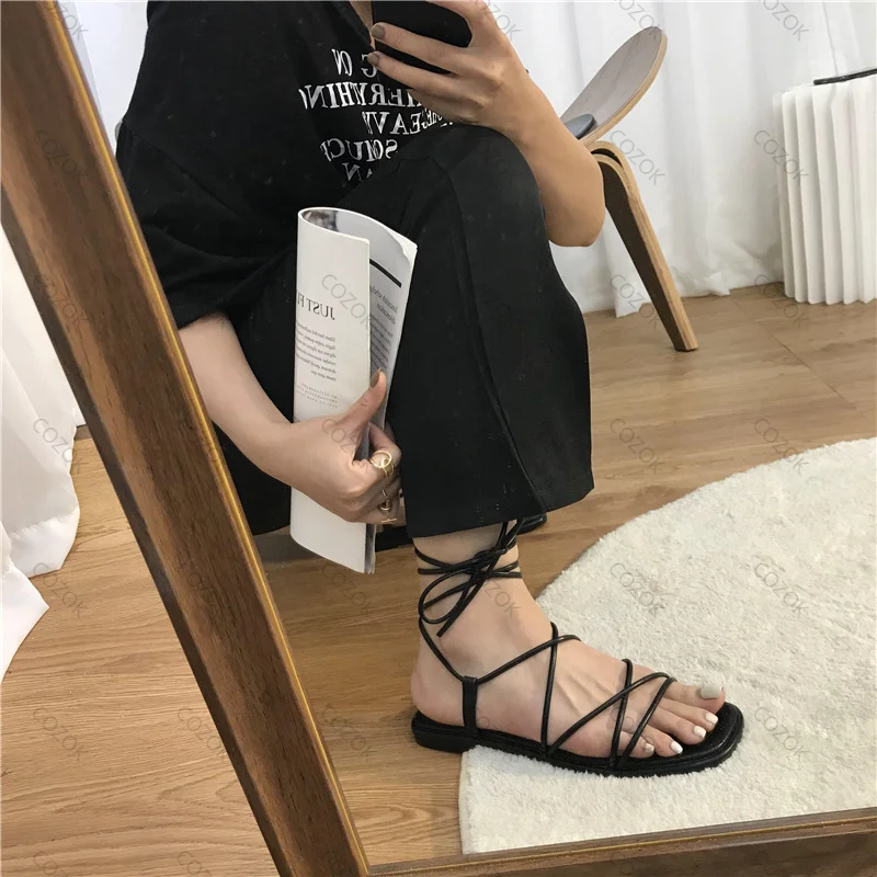 Sandalias romanas negras para zapatos de verano a moda, planos, informales, con lazo cruzado, Punta abierta, estrecha, estilo de hadas, novedad de 2022| | - AliExpress