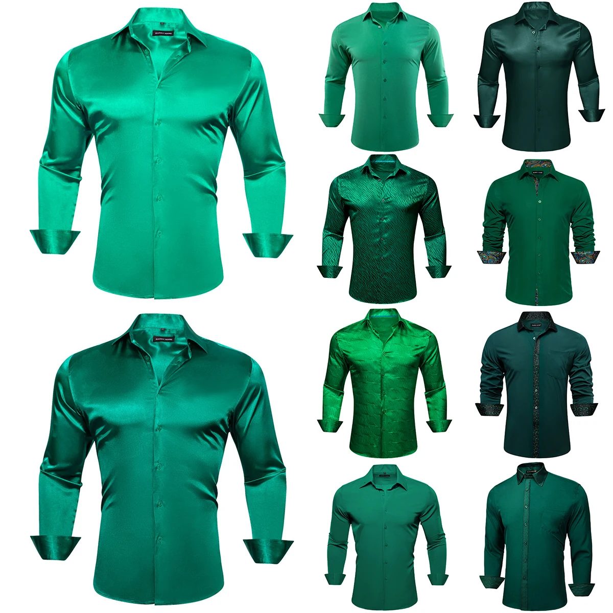 Designer Shirts for Men Silk Satin Dark Green Teal Solid Long Sleeve Button  Down Collar Male Blouses Slim Fit Tops Barry Wang - AliExpress 200000343