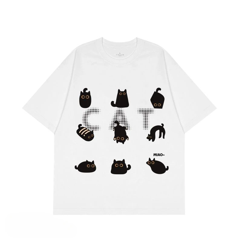

European and American trendy brand fun funny cat print retro loose short-sleeved men and women couples lazy half-sleeved top