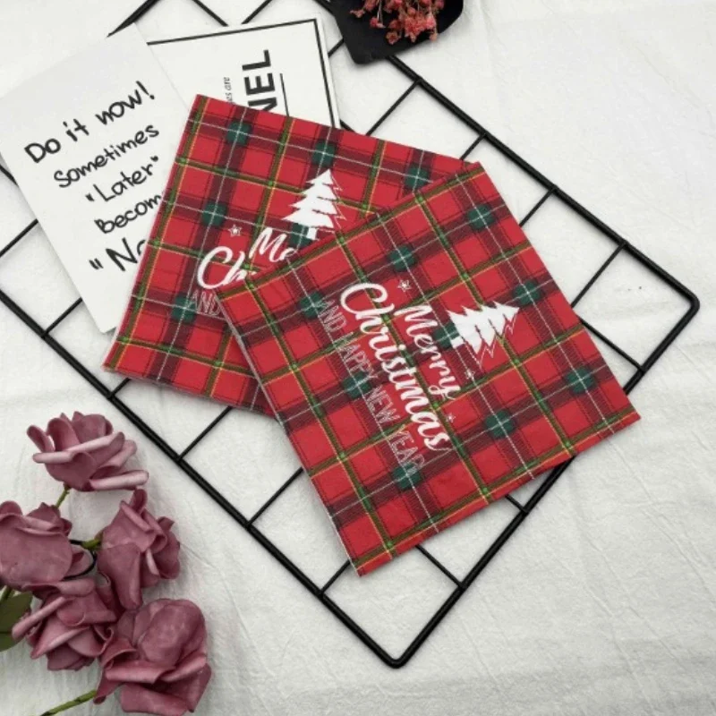 Paper Napkins Tissue Paper Decoration 10/20pcs 33cm Colourful Printed Napkins Red Christmas Plaid Christmas Tree 2 Layers Restaurant Party Decoration Paper Napkins