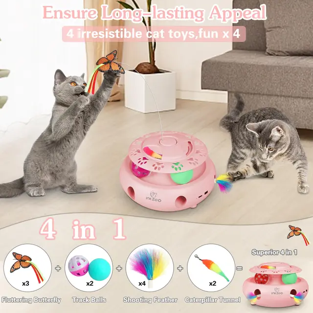 INKZOO 4-in-1 Interactive Cat Toys for Indoor Cats, Automatic 6 Holes Mice Whack-A-Mole, Fluttering Butterfly, Track Balls, USB 2
