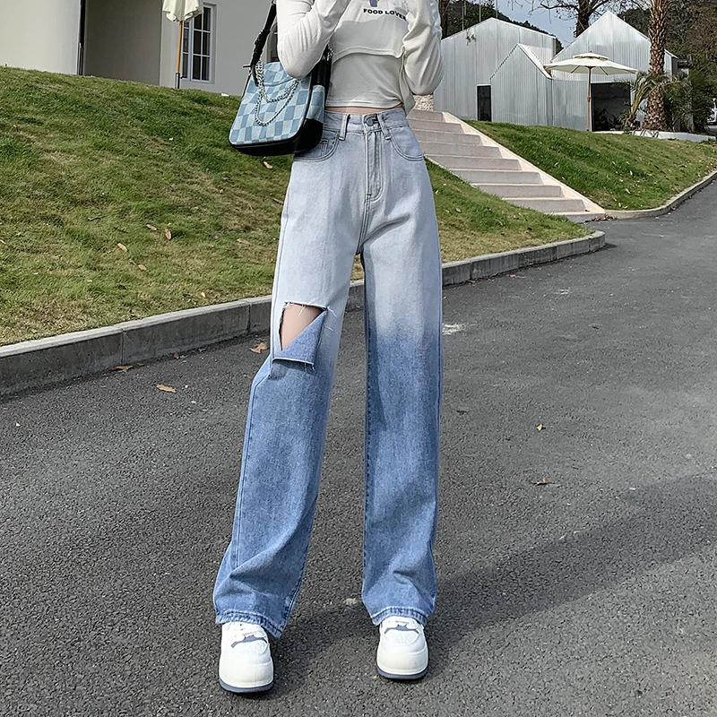 CGC Korean Fashion Gradient Baggy Jeans Women 2022 Spring Autumn Hole High Waist Jeans Wide Leg Women Oversize Denim Pants black ripped jeans