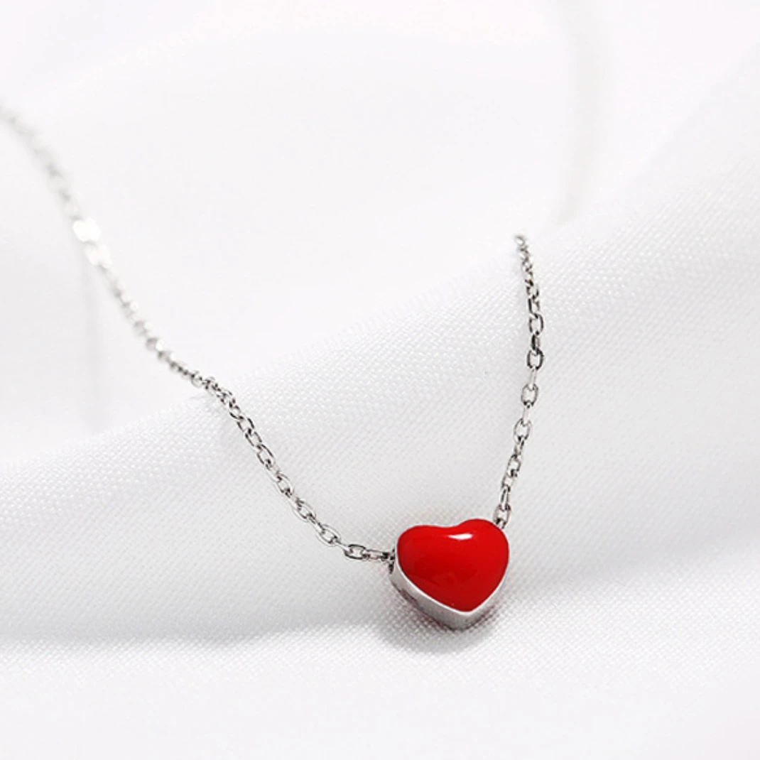 925 Sterling Silver Cute Red Heart Necklace Earrings Women Girls Fashion Lovely Enamel Heart Statement Fine Jewelry Set