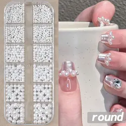 Elegant White Flatback Pearl Beads for Nail Art and Crafting - 12 Grids Assorted Sizes (All round (No tool))