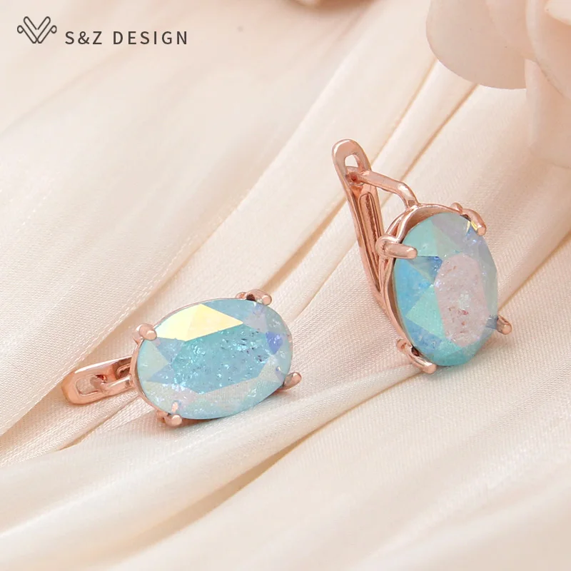 S&Z DESIGN New Fashion 585 Rose Gold Color Ice Crack Egg Shape Oval Crystal Dangle Earrings For Women Wedding Party Jewelry