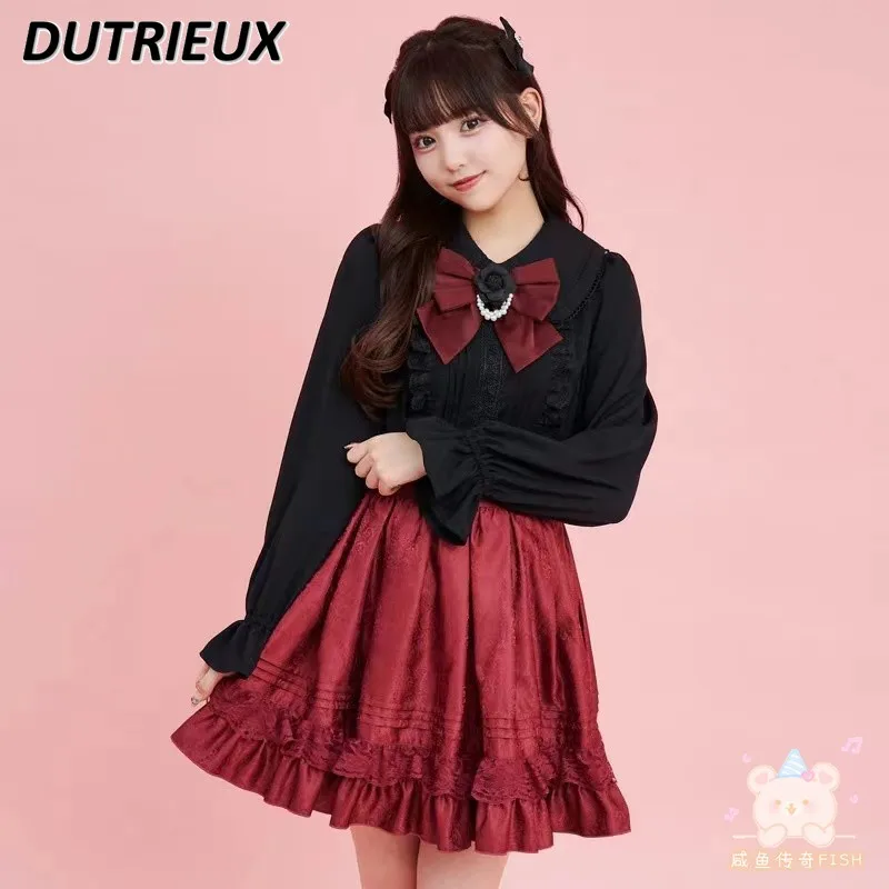 

Spring and Autumn New Bow All-Match Lolita Sweet Long Sleeve Tops Doll Collar Pure Color All-Matching Kawaii Bottoming Shirt