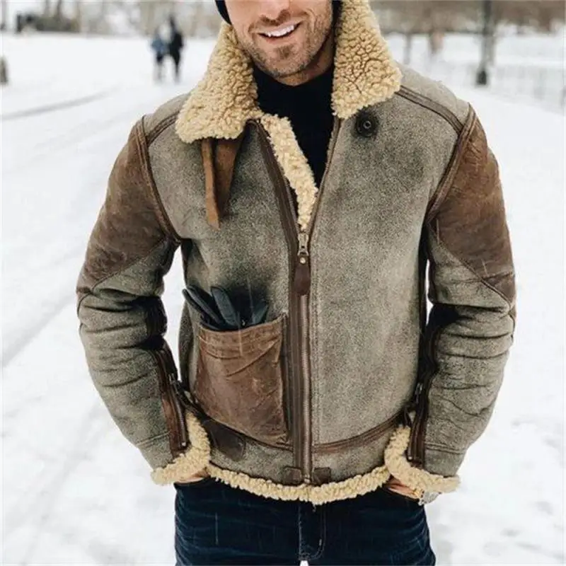 

Men New Leather Jacket European and American Classic Thickened Faux Plush One Retro Old Zipper Fashion Casual Winter Jacket