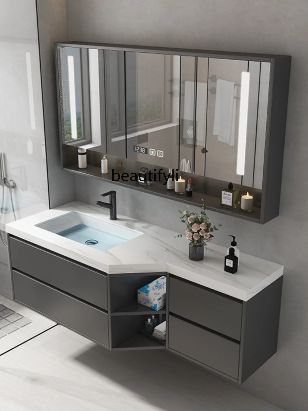 

Bathroom Cabinet Special-Shaped Corner Cutting Stone Plate Lower Hanging Ceramic Basin Washstand Cabinet Intelligent Combination