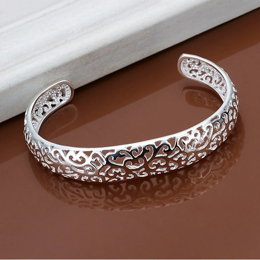 

925 Sterling Silver Open Bangle Bracelet for Women Lady Girl Cute Favorite Gift Retro Charm Exquisite Circular Fashion Jewelry