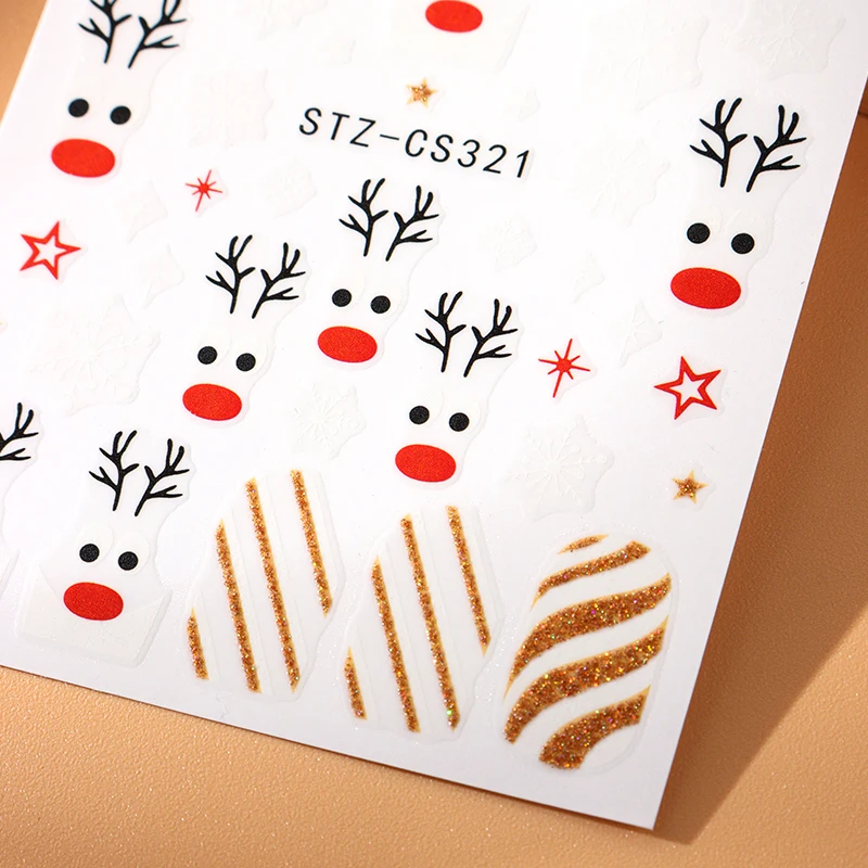 Cartoon Weihnachten Nagel Aufkleber Nette Elch Geweih Schneeflocke Herz Streifen Klebe Aufkleber Glitter Neue Jahr Sliders Nail art Dekor – Detail 7
