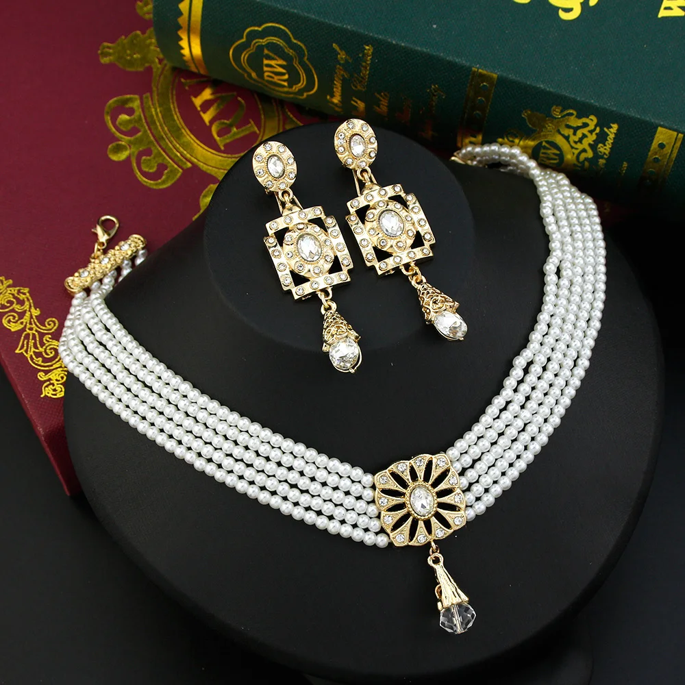Sunspicems Gold Color Morocco Choker Necklace Sets for Women Bride Wedding Jewelry Hand Bead Chain Choker Long Drop Earring Set