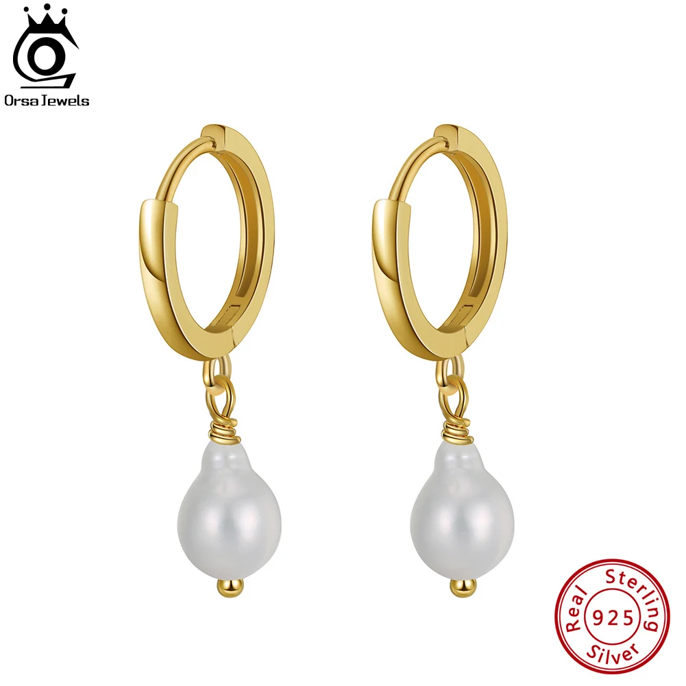 

ORSA JEWELS 925 Sterling Silver Natural Freshwater Baroque Pearl Hoop Earrings 14K Gold Plated for Women Handmand Jewelry GPE15