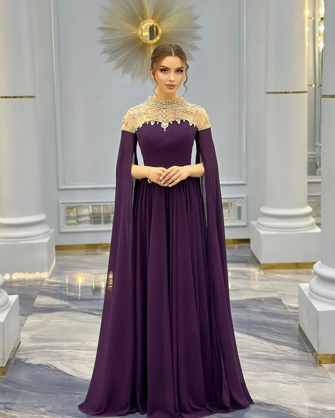 

Vintage Purple Chiffon Evening Dresses Long Sleeves Prom Dresses O-Neck Beadings Crystals Floor Length Party Dresses Zipper Back