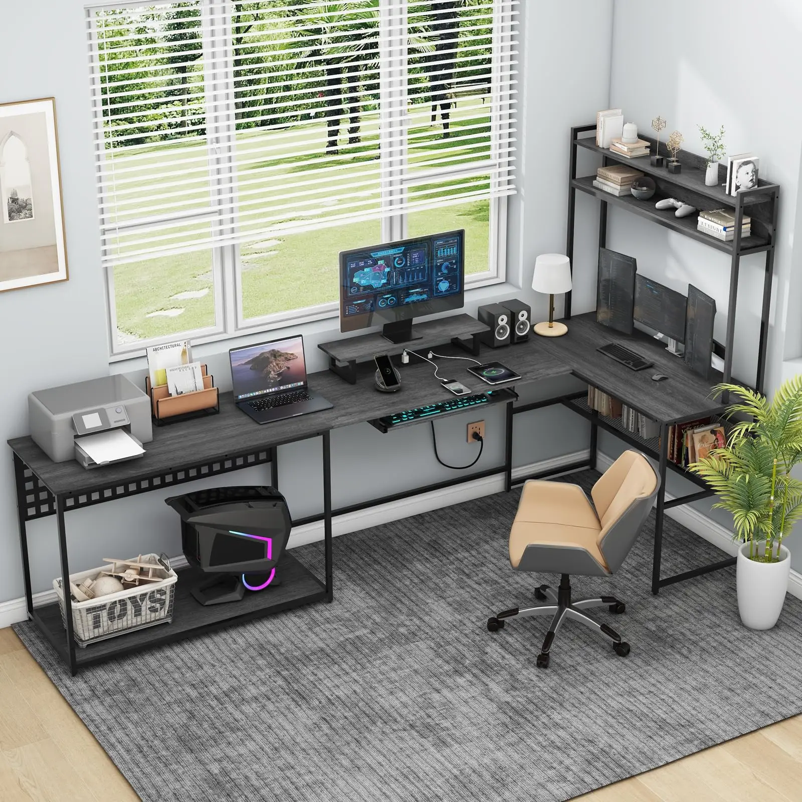 Vabches Computer Desk with Monitor Stand&LED Light Reversible Gaming Desk with Charging Station&Storage Shelves for Home Office 2