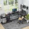 Vabches Computer Desk with Monitor Stand&LED Light Reversible Gaming Desk with Charging Station&Storage Shelves for Home Office 2