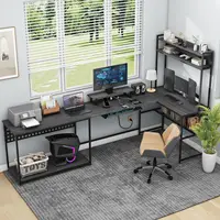 Vabches Computer Desk with Monitor Stand&LED Light Reversible Gaming Desk with Charging Station&Storage Shelves for Home Office 2