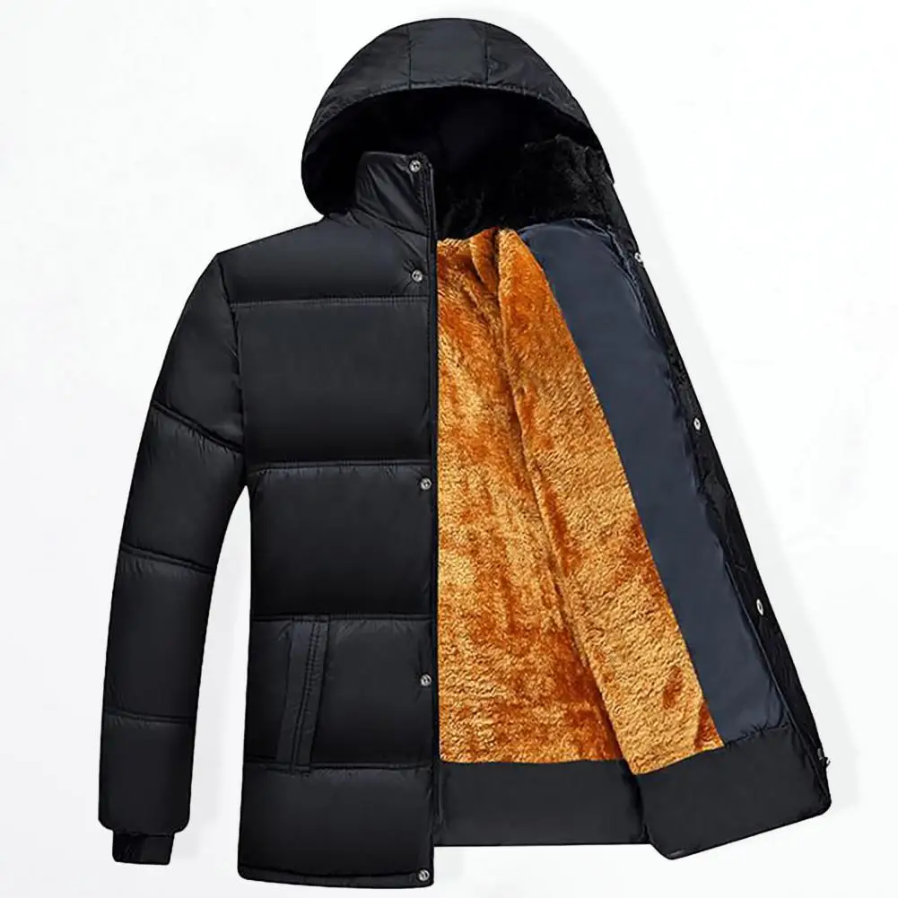 

Куртка на пуговицах для мужчин среднего возраста, зимнее хлопковое пальто с подкладкой, плюшевое ветрозащитное стильное средней длины с капюшоном, застежкой на пуговицах, эластичными манжетами