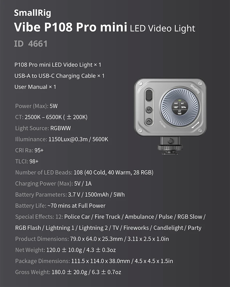 SMALLRIG 4660 Vibe P96 Pro mini LED Video Light Noir SMALLRIG 4660 Vibe P96 Pro mini LED Video Light Noir