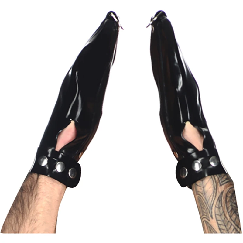 

Черные короткие сексуальные латексные рукавицы с ремнями и кнопками, D кольца, мини боксерские резиновые перчатки