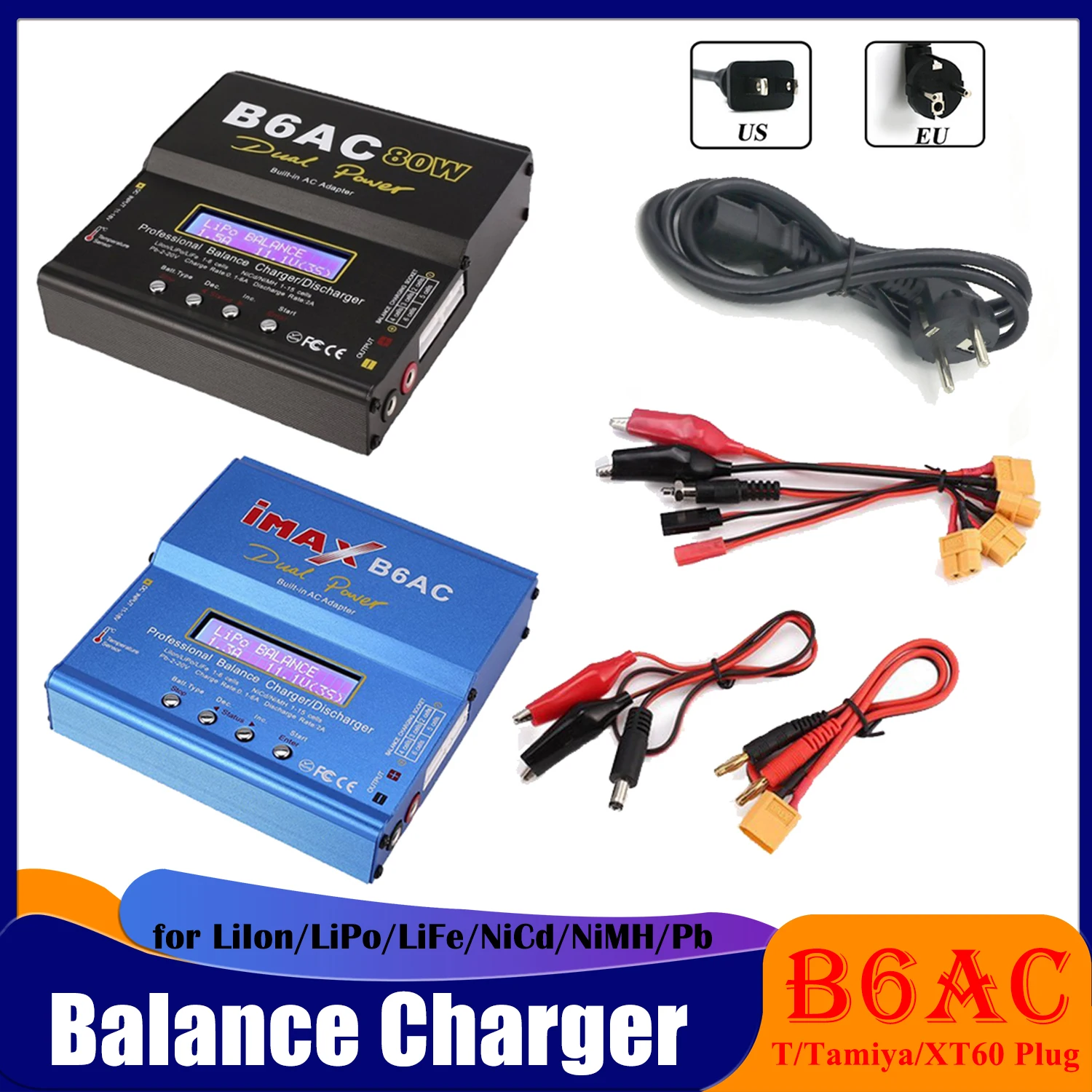 

RC B6AC 80W 6A AC/DC Balance Charger Lipo NiMh Li-ion Ni-Cd Battery Discharger T/Tamiya/XT60 Plug for Car Helicopter Drone Plane