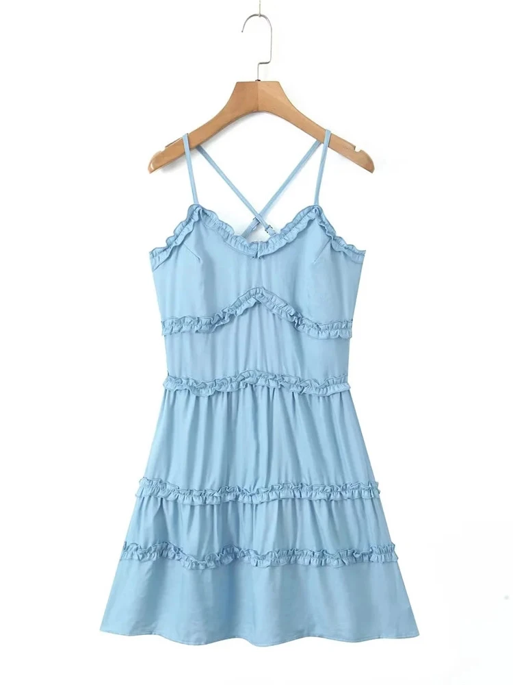 

Women Spring Summer New Elegant Pleated Ruffles Blue Mini Dress Girls 2024 New Fashion High Waist Denim Short Sling Dress