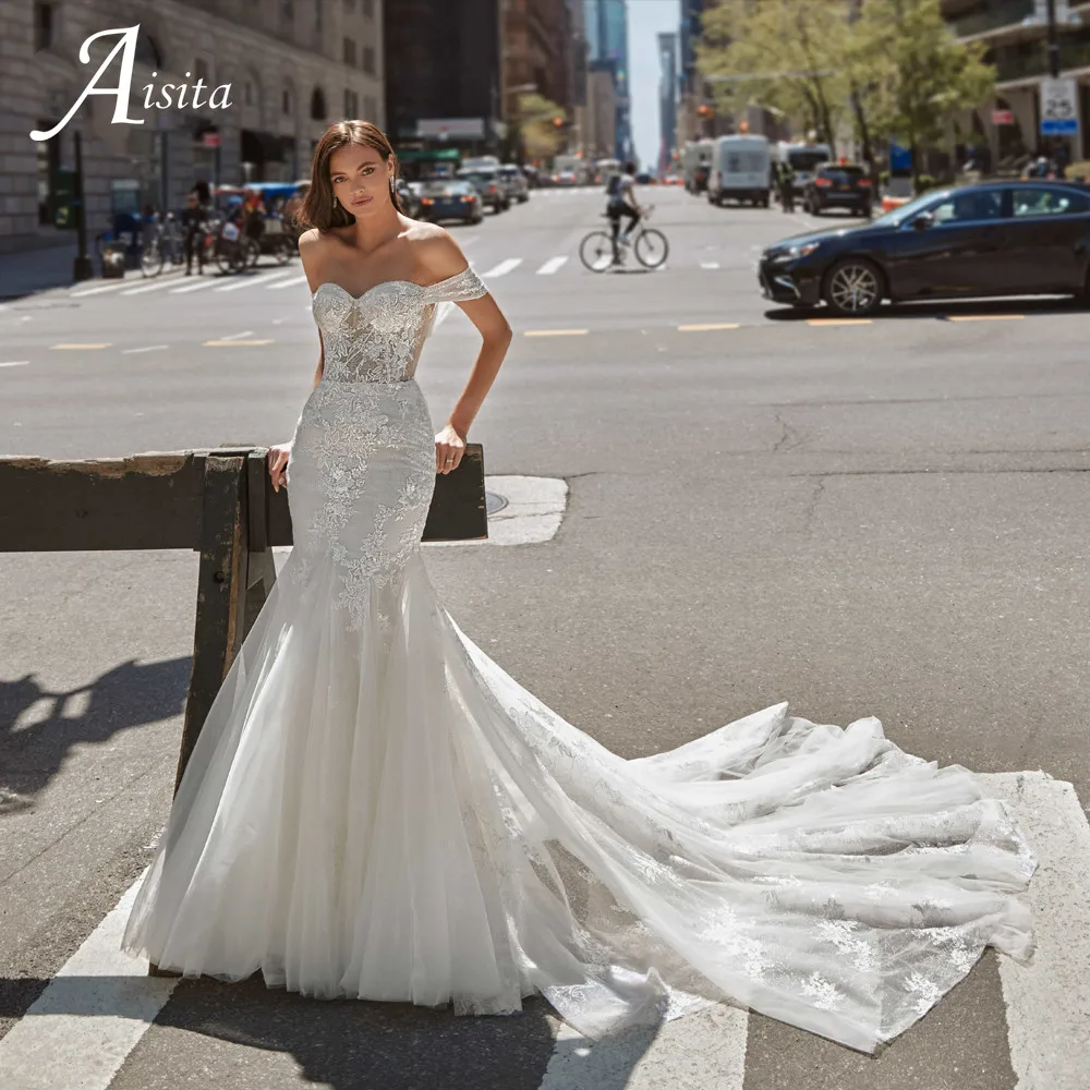 그레이스 숄더 자수 신부 가운 화려한 인어 Tulle 스윕 기차 웨딩 드레스 Vestido De Noiva 웨딩 드레스