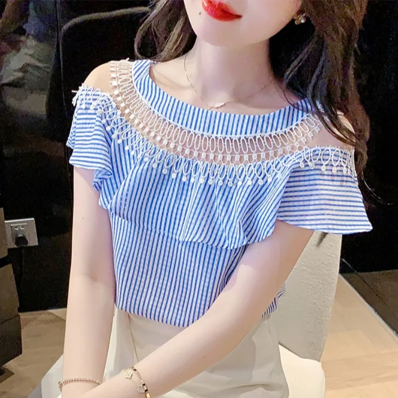 

Женская шифоновая блузка с коротким рукавом, кружевная футболка в полоску без бретелек, лето 2022