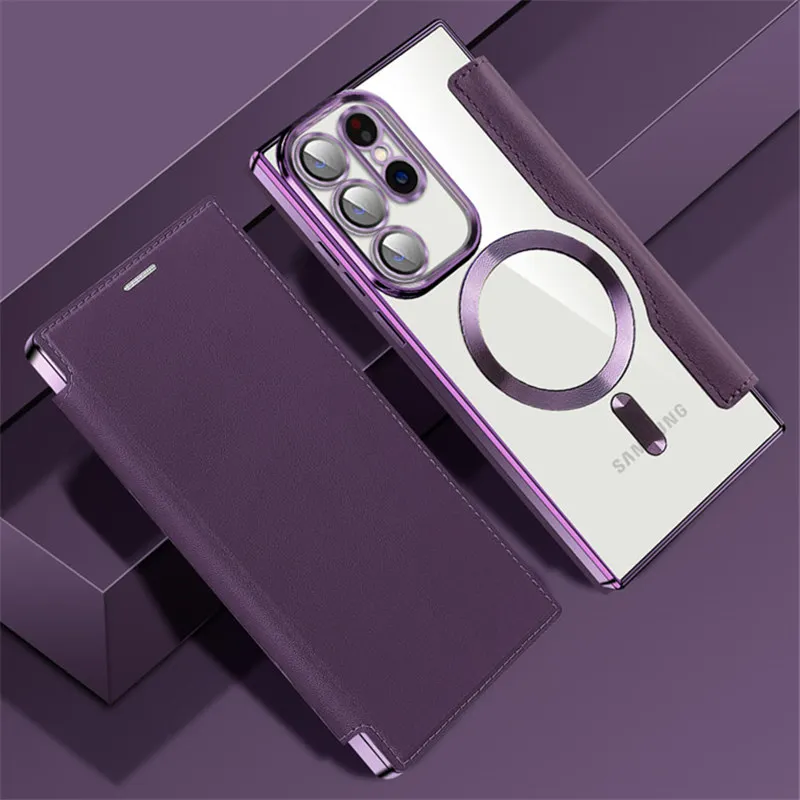 Luxury Flip Leather Wireless Charging Phone Case For Samsung