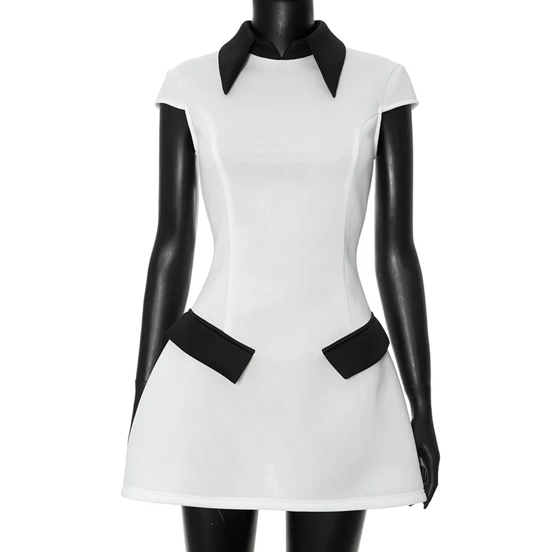 Vestido mini de verano con contraste para mujer, cintura alta, patchwork, solapa, ajustado, elegante, estilo urbano