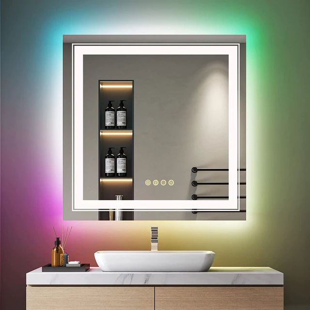 Miroir de salle de bain RGB LED, grand miroir de vanité rétro-éclairé avec  lumières, miroir éclairé rvb pour mur, Anti-buée, variable, CRI 90