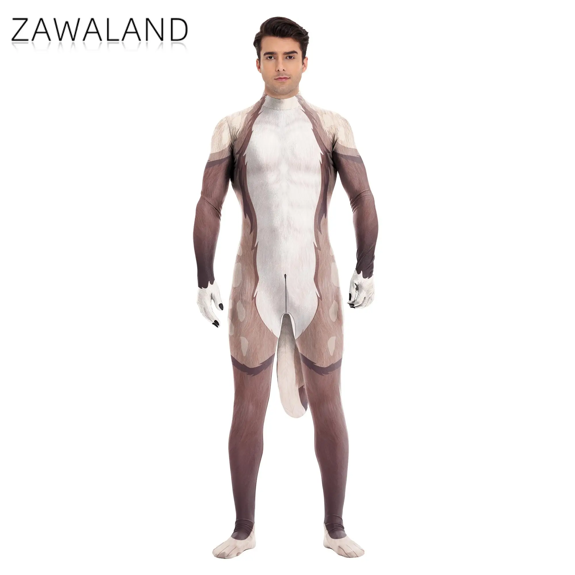 Zawaland Men Sika Deer Cosplay Costume Animal Elk Petsuit Fancy Carnival Bodysuit Party Disguise Zentai Suit Festival Catsuit